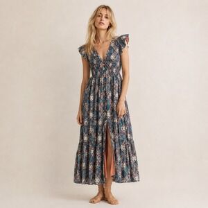 Anthropologie Peregrine Patchwork Smocked Midi Dress Sz M